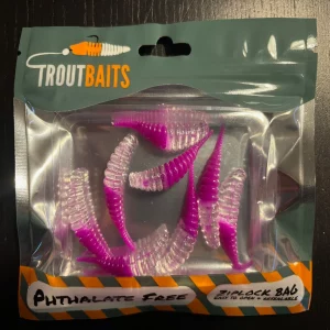Troutbaits TOCINO Gummiköder für Forelle in der Farbe Transparent Lila Glitter (ULFC Edition)