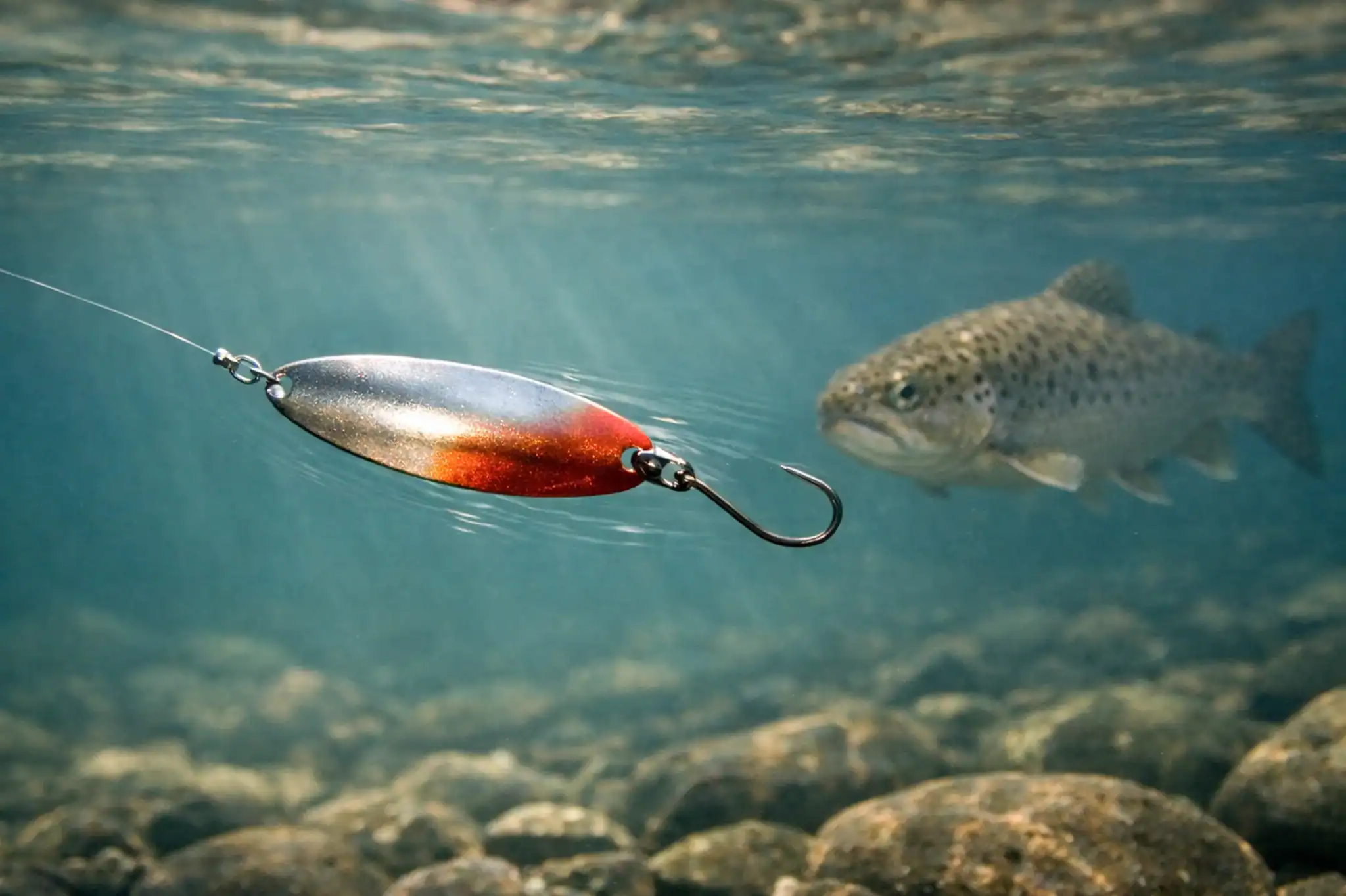 Spoon-Führung unter Wasser – Forellenspoon in Aktion Forellenspoon in Aktion unter Wasser – kontrollierte Spoon-Führung mit seitlichem Taumellauf