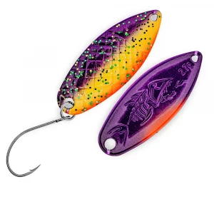 PROBAITS Hurricane Big Scale Trout Spoon 2,7g Gelb Lila UV Neon Holo – Forellen Spoon für Trout Area und Forellensee