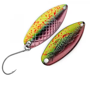 PROBAITS Hurricane Big Scale Trout Spoon 2,7g Lila Gelb UV Neon Flipflop – Forellen Spoon für Trout Area und Forellensee