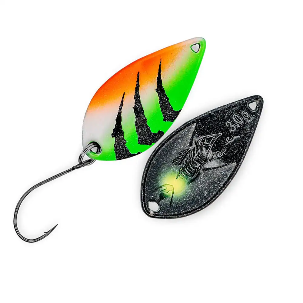 probaits-totem-trout-spoon-3g-gruen-schwarz-orange PROBAITS Totem Trout Spoon 3g Grün Schwarz Orange UV Neon Holo Forellenköder
