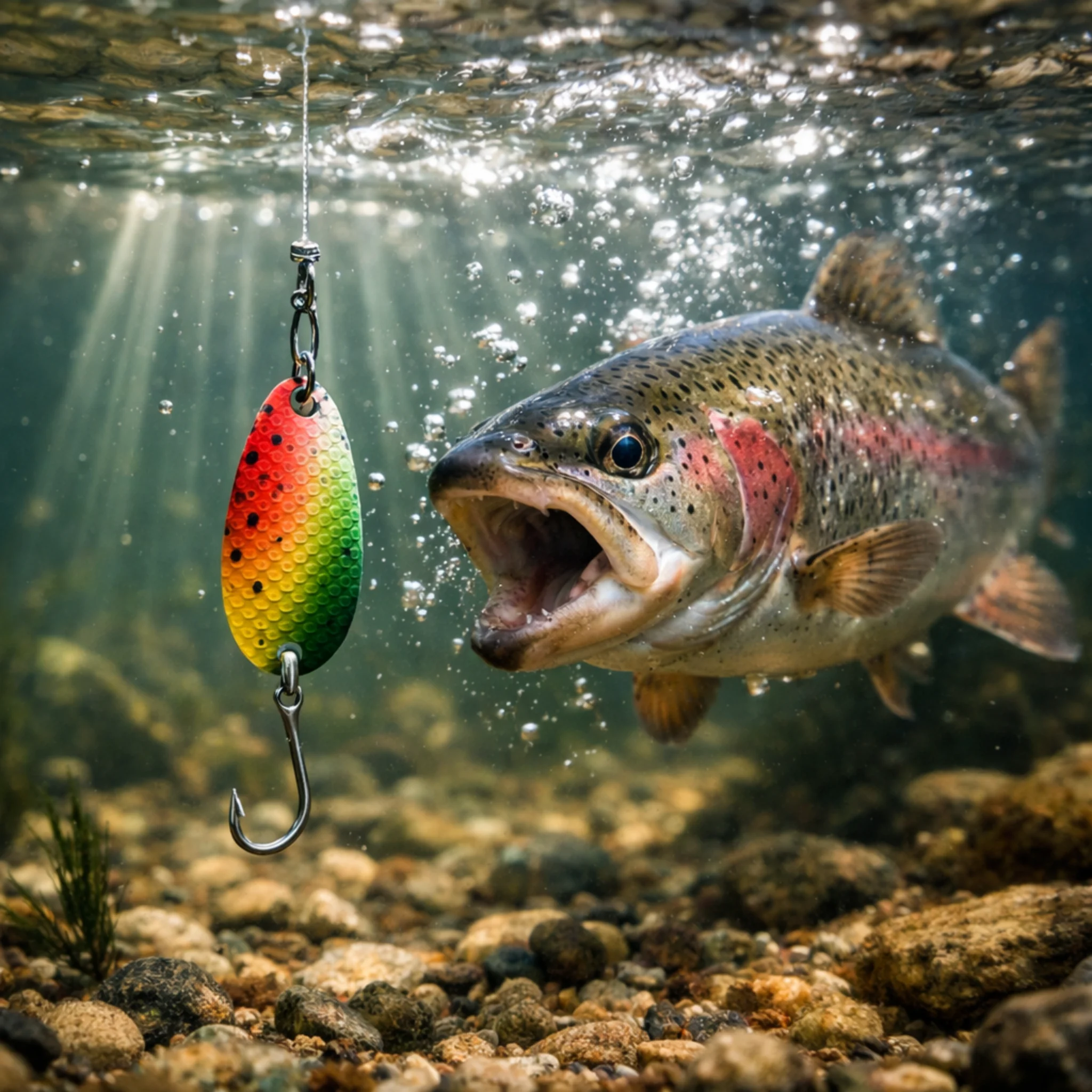 spoon-absinkphase-forelle-attacke Spoon in der Absinkphase unter Wasser – Regenbogenforelle attackiert den Köder