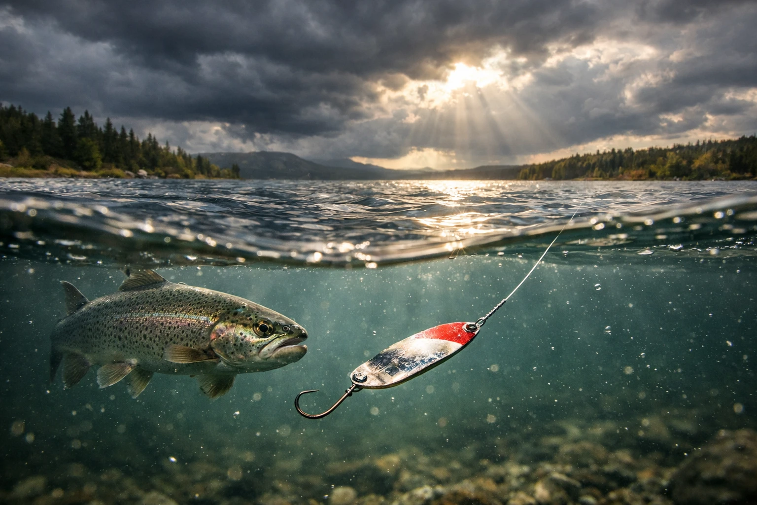 Over-under Aufnahme eines Forellensees mit dramatischem Himmel, unter Wasser ein Spoon mit Einzelhaken und eine Forelle nähert sich dem Köder