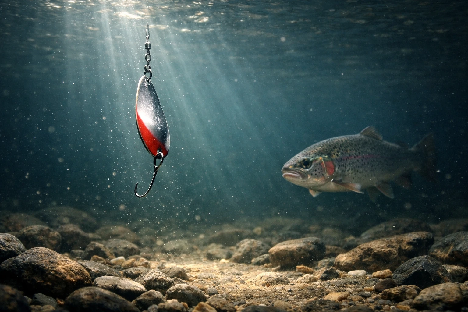 underwater-trout-spoon-lure-single-hook Unterwasseraufnahme eines sinkenden Spoon-Köders mit Einzelhaken in klarem Forellensee, während eine Forelle sich vorsichtig nähert