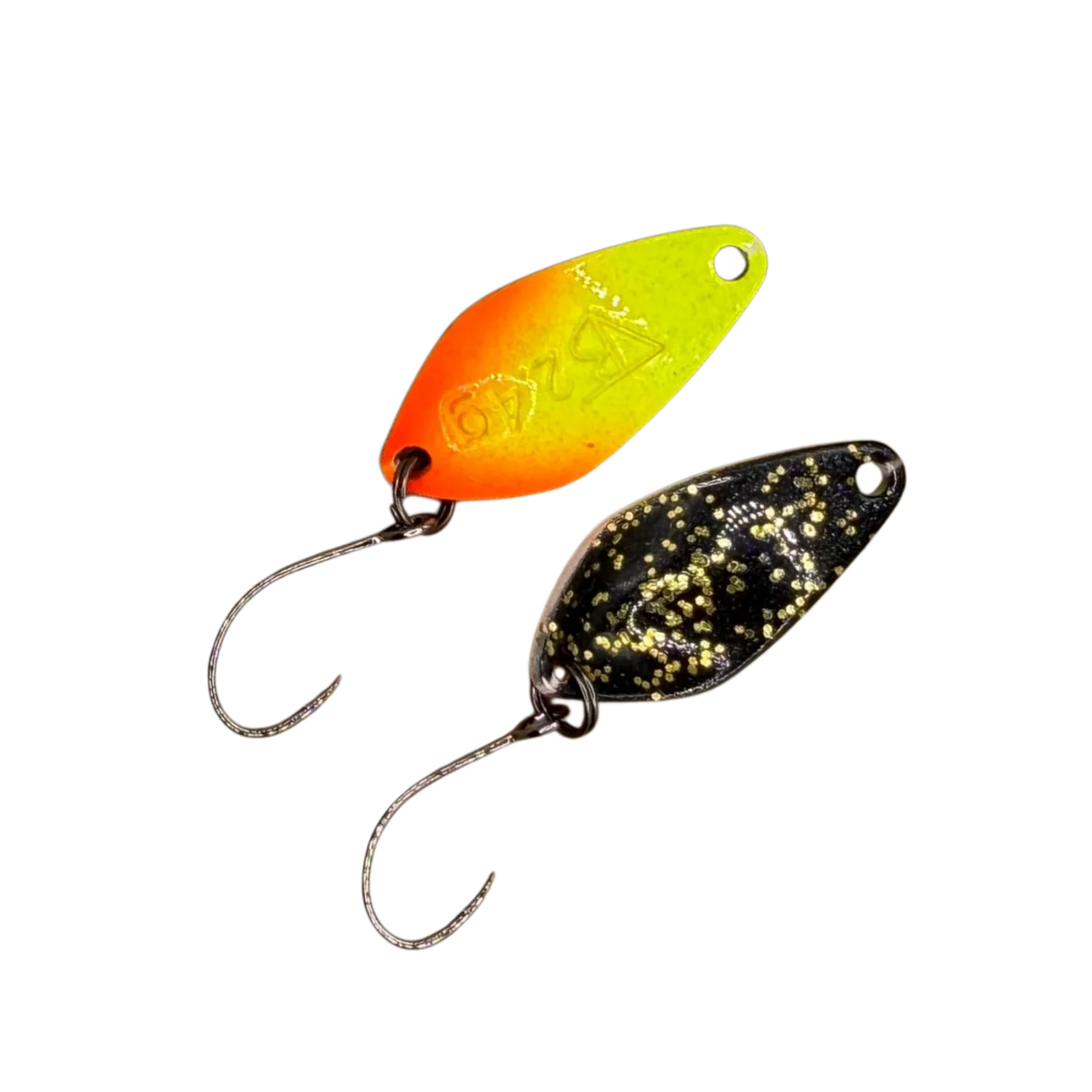 Troutbaits Buster 2,4 g Spoon in Chartreuse Orange Black Gold Splatter TB O9 für Trout Area und Forellensee