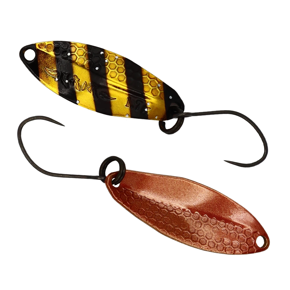 GOD HANDS GAiA 1,7 g Forellenspoon in FA01 mit Gold-Schwarz-Dekor und kupferfarbener Rückseite