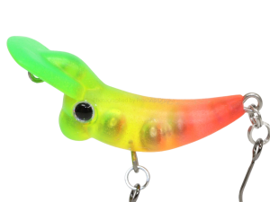 MUKAI Shachihoko 23 S RG Red Glow Edition in MT Reggae Punch RG (#Ab301RG), Forellenwobbler mit grüner Tauchschaufel und gelb-orange-rotem Körper.